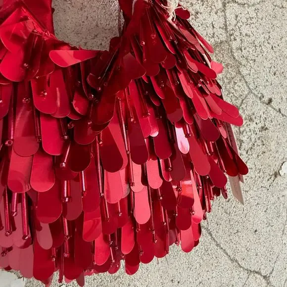 Viral Red Sequin Tassel Shoulder Bag Handmade NWT Statement Holiday Party Purse - Picture 3 of 6